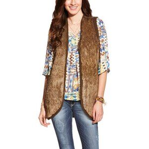 ARIAT Aileen Faux Fur Long Vest Womens Size Small Brown Chunky Knit Back